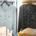 アイボリーとブラックの合皮キルト丸首ジャケット。