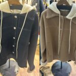 黒とキャメルのステッチフード袖ボアジャケット