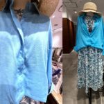 ターコイズの綿麻シャツを羽織り、同系色の花柄ワンピースと合わせた初夏のレイヤードコーディネート