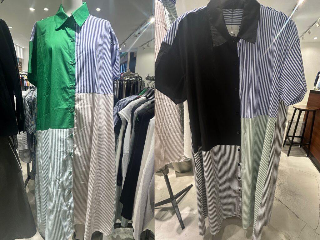 グリーンやブルーのストライプを切り替えたワンピースと、ブラックベースのストライプワンピース