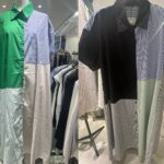 グリーンやブルーのストライプを切り替えたワンピースと、ブラックベースのストライプワンピース