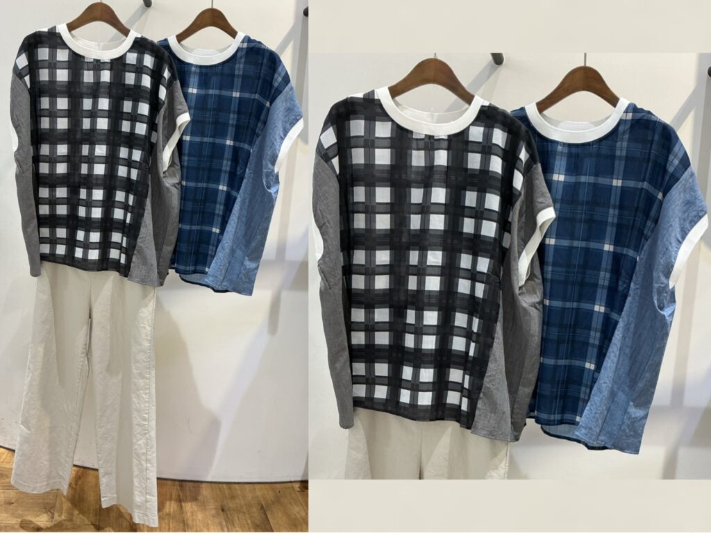 チェック柄フロントとリンガーデザインが特徴の半袖カットソー。ホワイトとネイビーの2色展開。