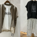 裾シアーデザインのZIP半袖羽織。カーキは白ロゴTシャツと重ね着、ブラックはプリントTシャツとカーゴパンツを合わせた夏のレイヤードコーデ