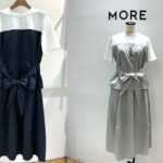 ベージュとネイビーのリボンデザインセットアップ。リボンがアクセントになったトップスとスカートの上品なコーディネート。