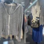 細ボーダー柄フィットパーカーに、鮮やかなブルーのスカートを合わせた大人カジュアルコーディネート。