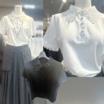 レース襟が華やかな半袖ポロシャツ。ホワイトとブラックの2色展開で、上品なレース襟と袖口レースが特徴。